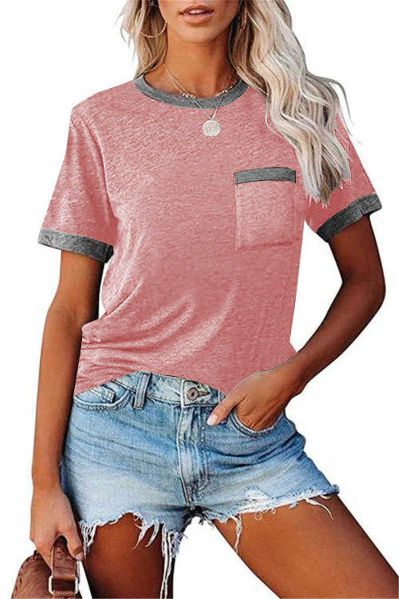 Pocket Round Neck Stitching Pocket Top-7