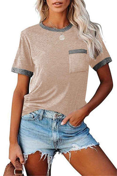 Pocket Round Neck Stitching Pocket Top-2
