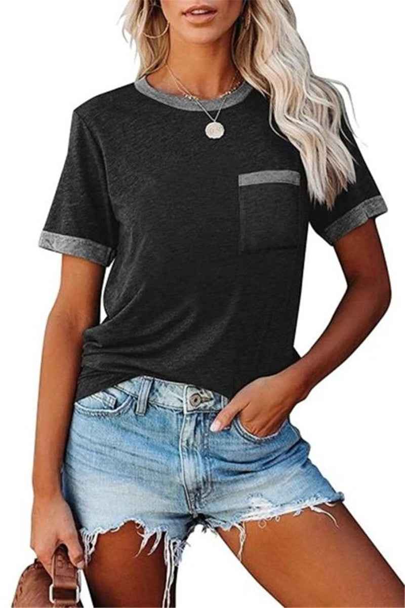 Pocket Round Neck Stitching Pocket Top-4