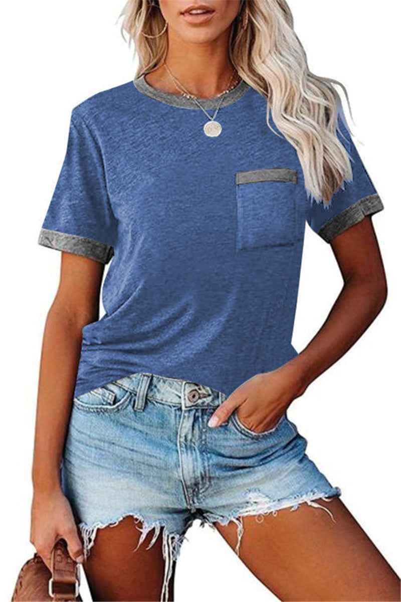 Pocket Round Neck Stitching Pocket Top-3