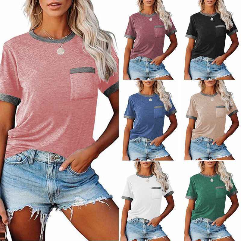 Pocket Round Neck Stitching Pocket Top-1