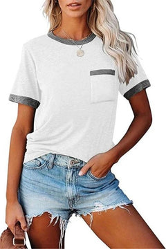 Pocket Round Neck Stitching Pocket Top-5