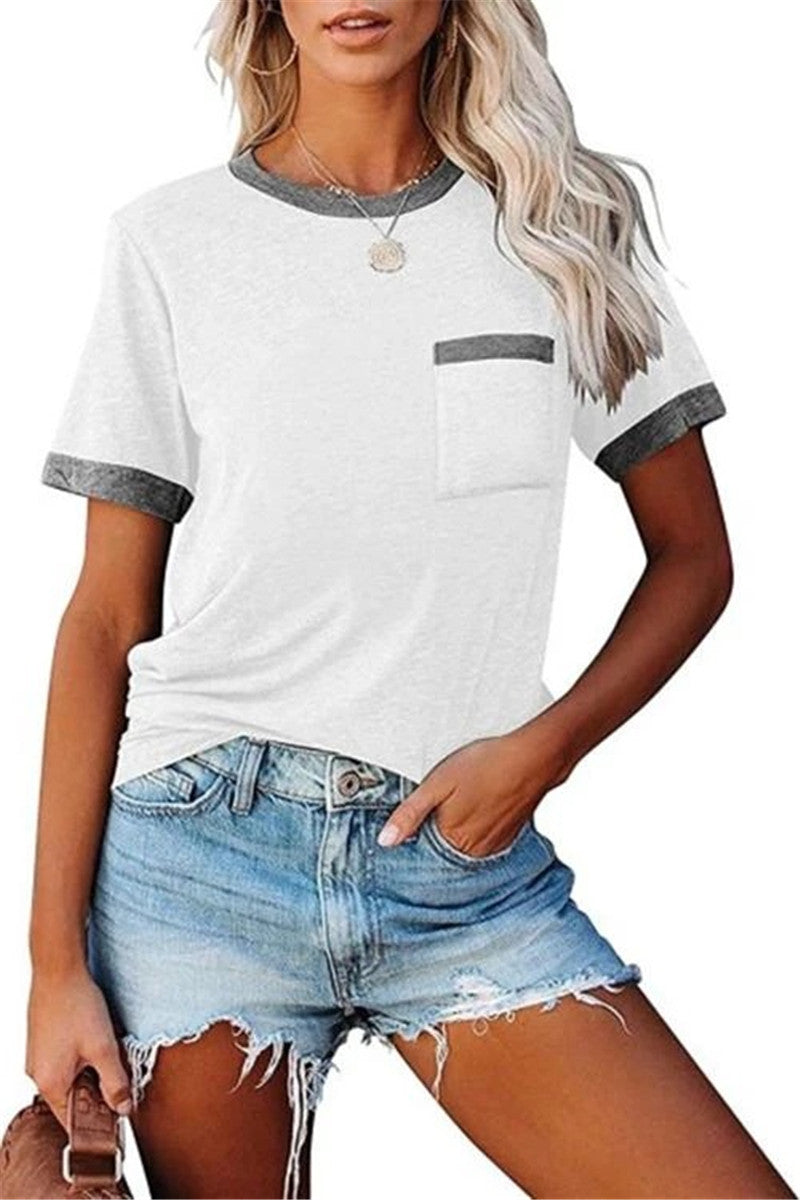 Pocket Round Neck Stitching Pocket Top-5