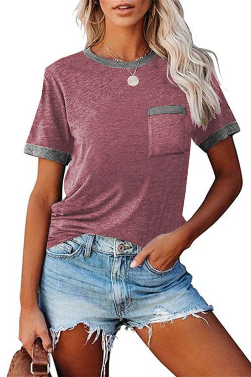Pocket Round Neck Stitching Pocket Top-8