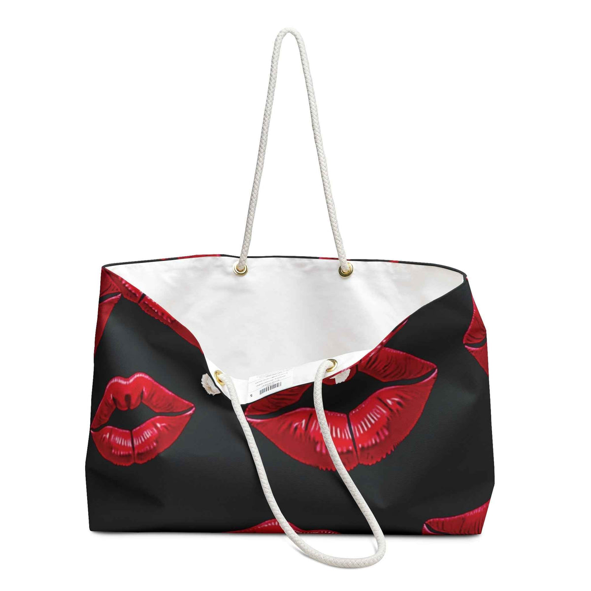 Red Lip Print Weekender Bag | Bold Kiss Pattern, Black Background-7