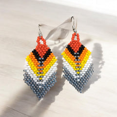 grey Beaded Feather Drop Earrings-2