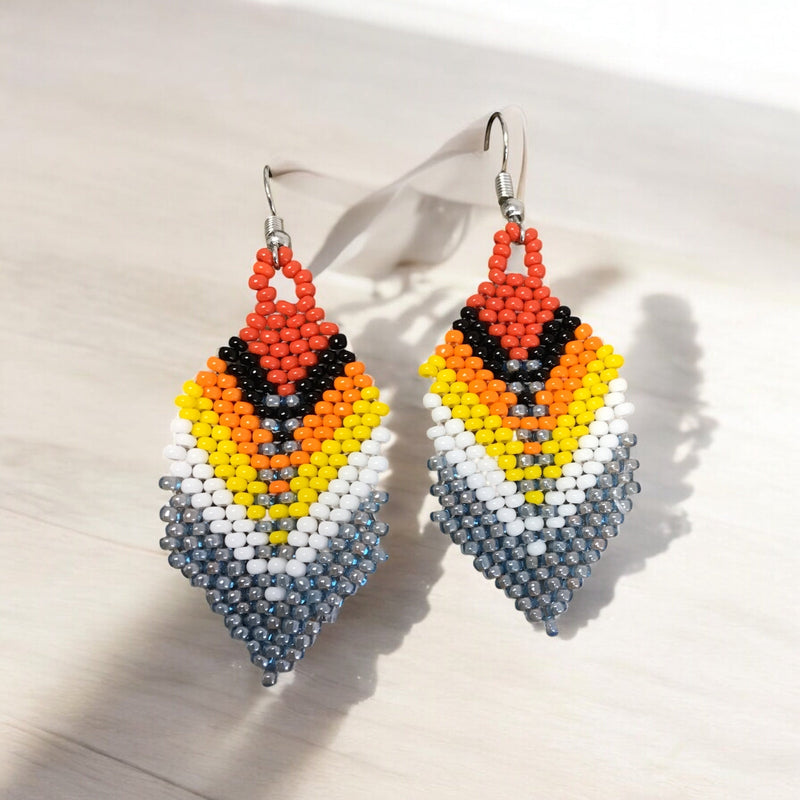 grey Beaded Feather Drop Earrings-2