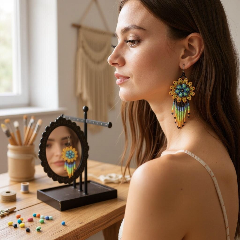 Green Blue Flower beaded Earrings-2
