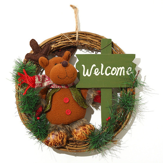 Christmas Wreath with Plush Doll - Rustic Rattan Holiday Door Hanging Decoration-2
