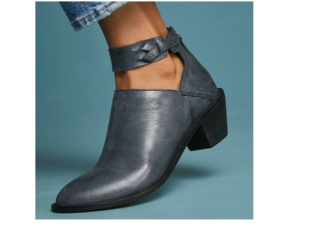 Women’s Leather Ankle Boots – Cut-Out Buckle Strap Booties with Back Zipper-8