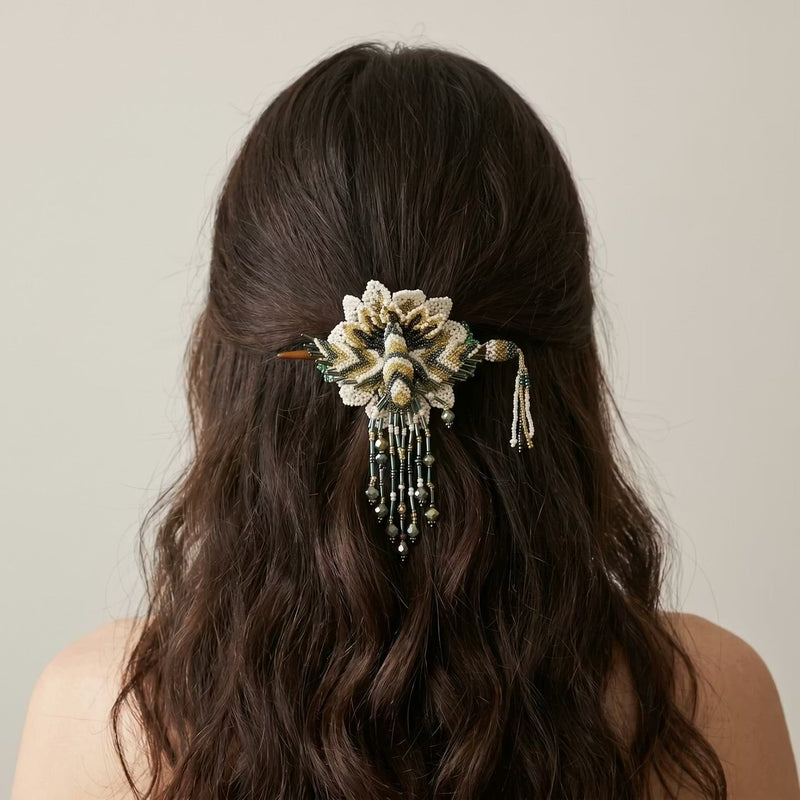 Maple Blossom Hummingbird Beaded Hair Stick Barrette White-3