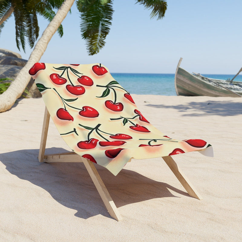 Cherry Pattern Beach Towel — Retro Red Cherries on Cream-1
