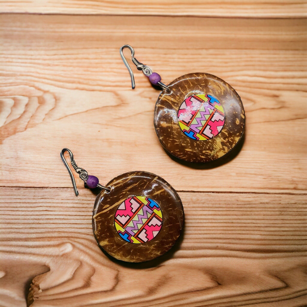 Wood Painted Pink Round Earrings-2