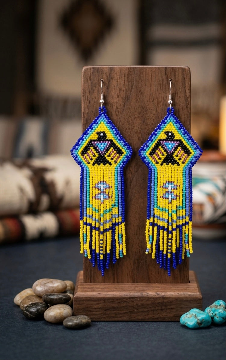 Beaded thunderbird earrings yellow / purple-3