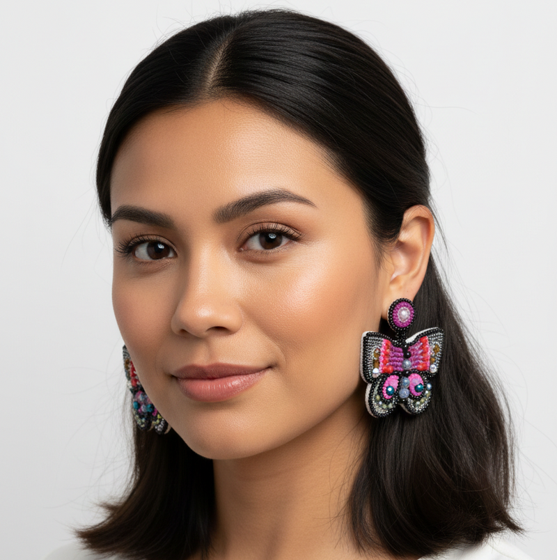 Butterfly Beaded Earrings - Black and Pink-2