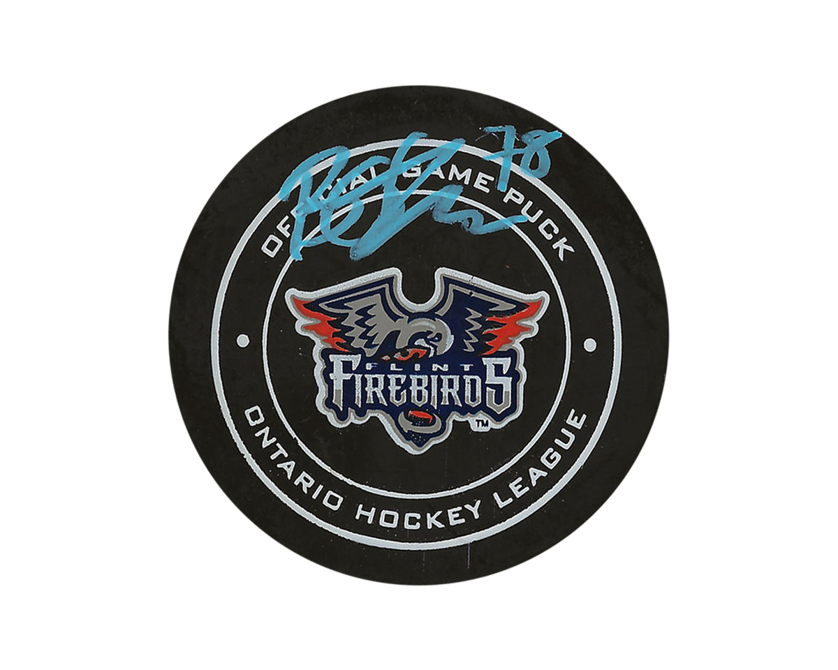 Palet de match officiel des Flint Firebirds, autographié par Brennan Othmann-1