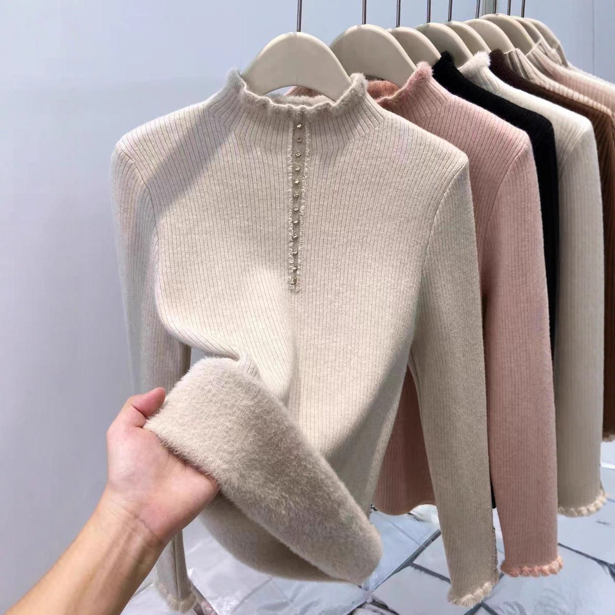 Women’s Fleece-Lined Mock Neck Thermal Top – Oversized One-Piece Pullover for Fall & Winter-4