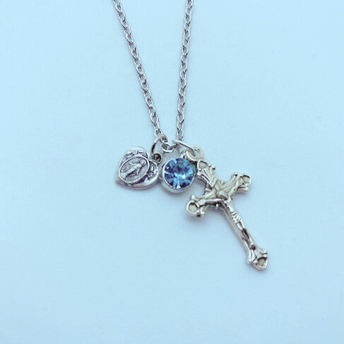 Crucifix with Heart Shaped Miraculous Medal and Blue Gem-1