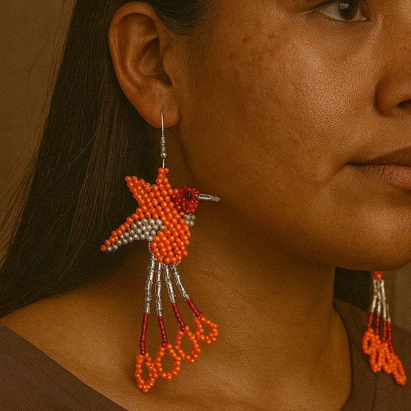 Handmade Beaded Hummingbird Earrings – Orange & Red-1