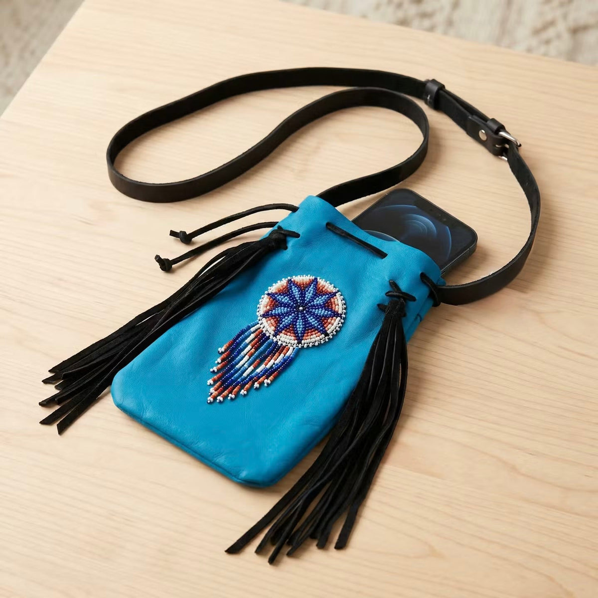 Beaded Suede Phone Pouch ~ turquoise-3