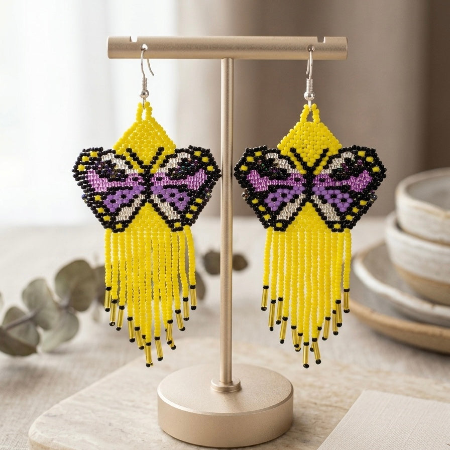 Yellow Beaded Dancing Wing Earrings