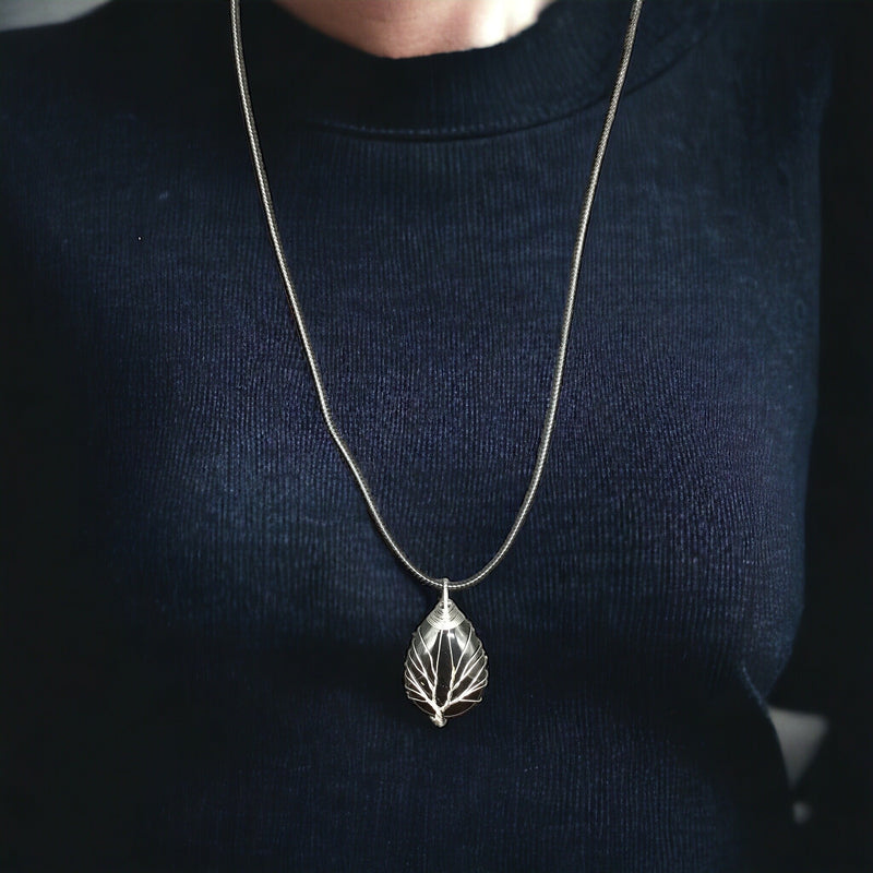 Black Gemstone Pendant Wrapped w/ Silver Tree of Life-1