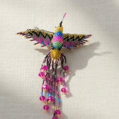 Gold blue pink Hummingbird Barrette with Fringes-2