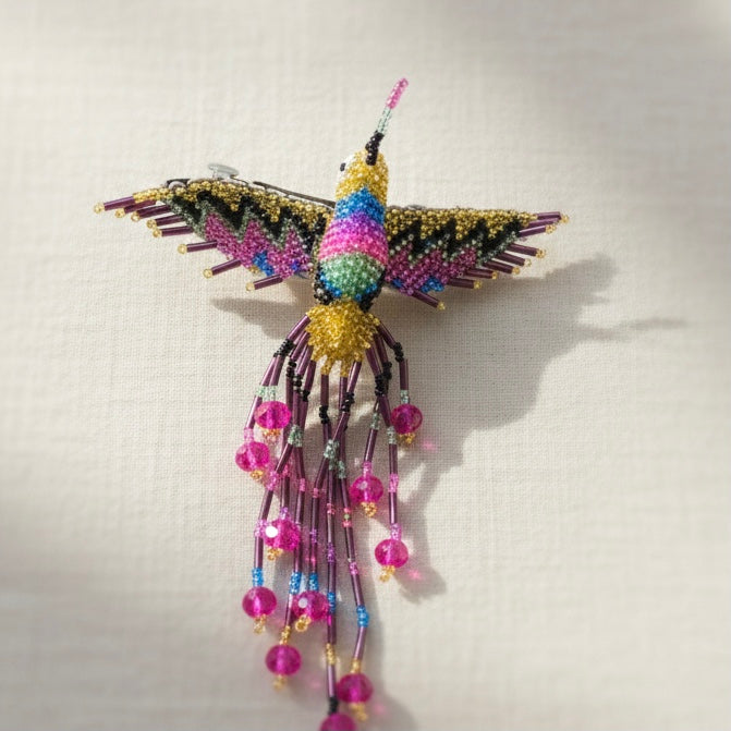 Gold blue pink Hummingbird Barrette with Fringes-2