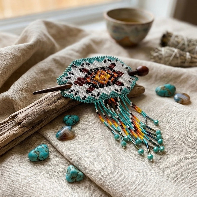 Fringed Beaded Barrette & Wooden Stick Turtle-2