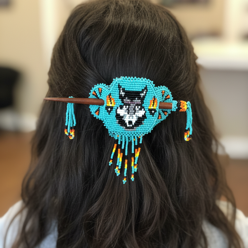Wolf Fringed Beaded Barrette & Wooden Stick-4