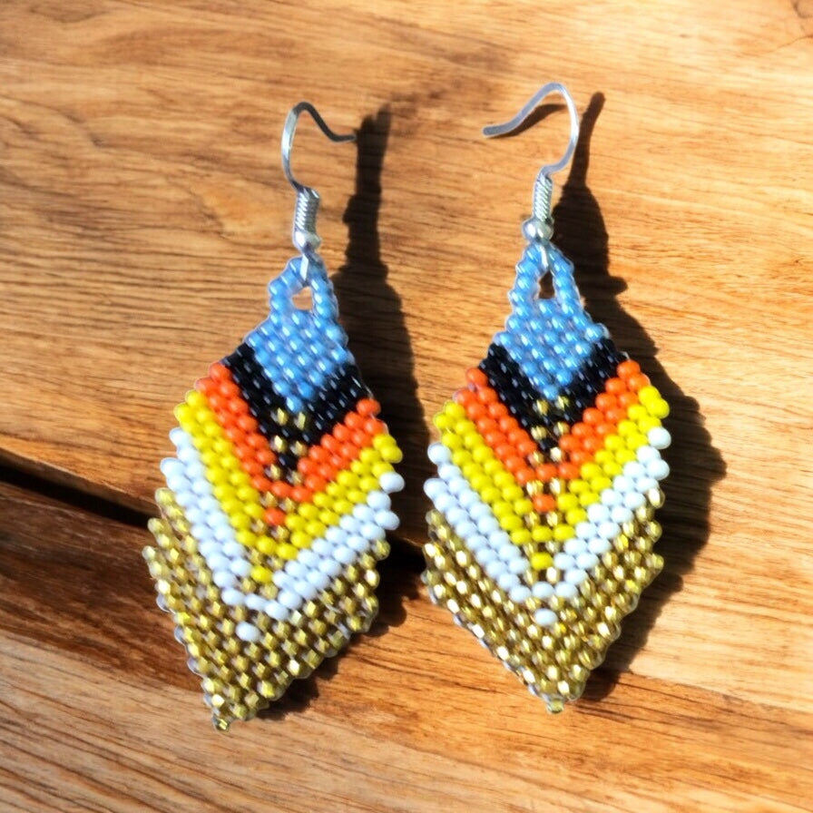 Sky blue and golden Beaded Feather Drop Earrings-2