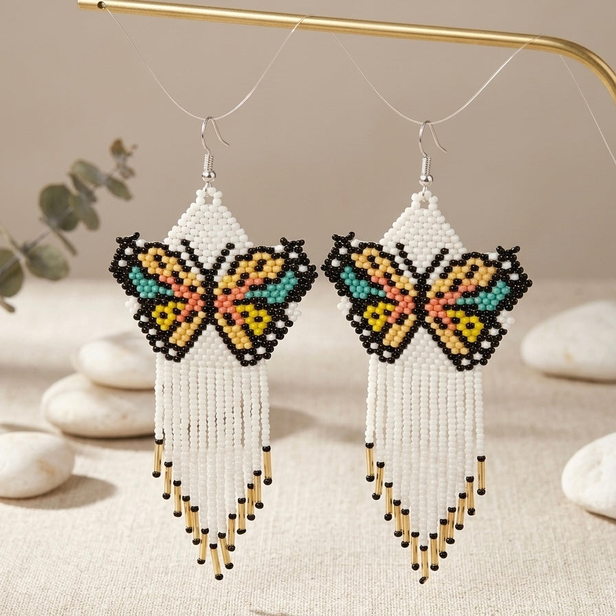 White Beaded Dancing Wing Earrings-1