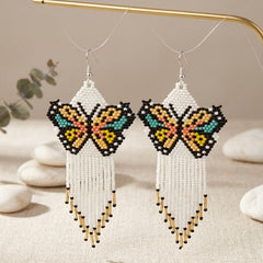 White Beaded Dancing Wing Earrings-1