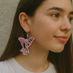 Pink Black Beaded bird Earrings-2