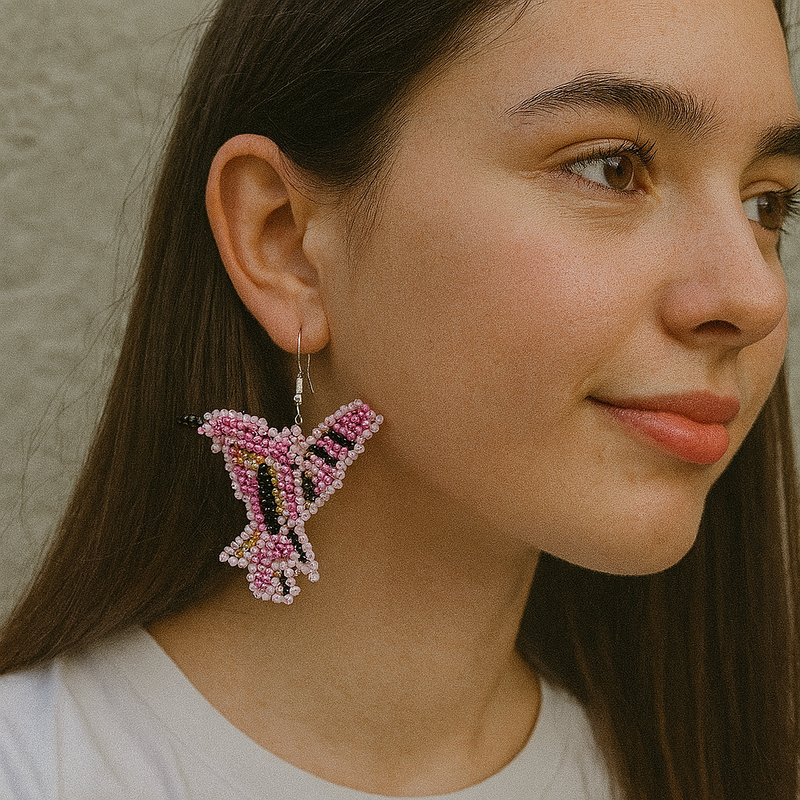 Pink Black Beaded bird Earrings-2