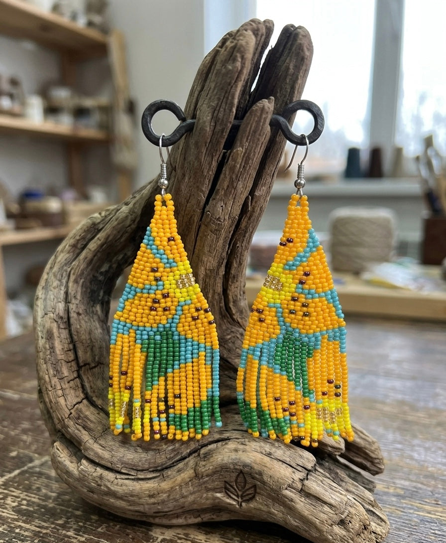 Flower Fringe Beaded Earrings (Mustard)-6