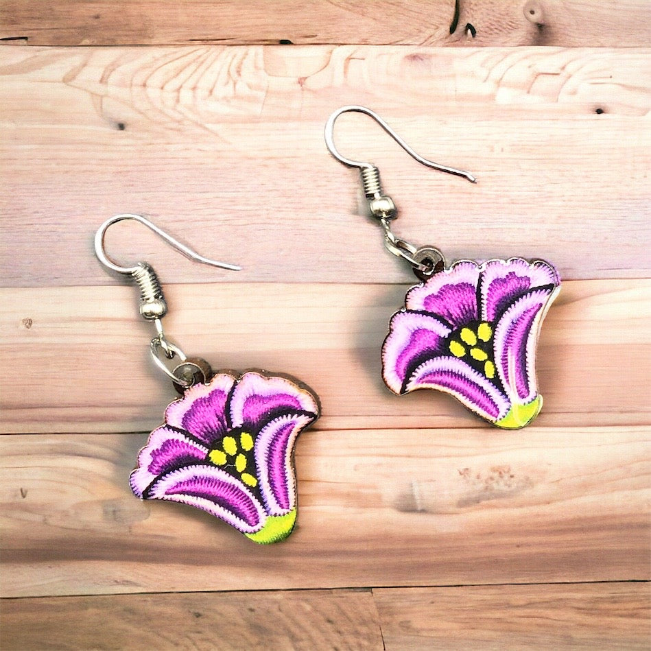 Painted Purple Flower Wood Earrings-2