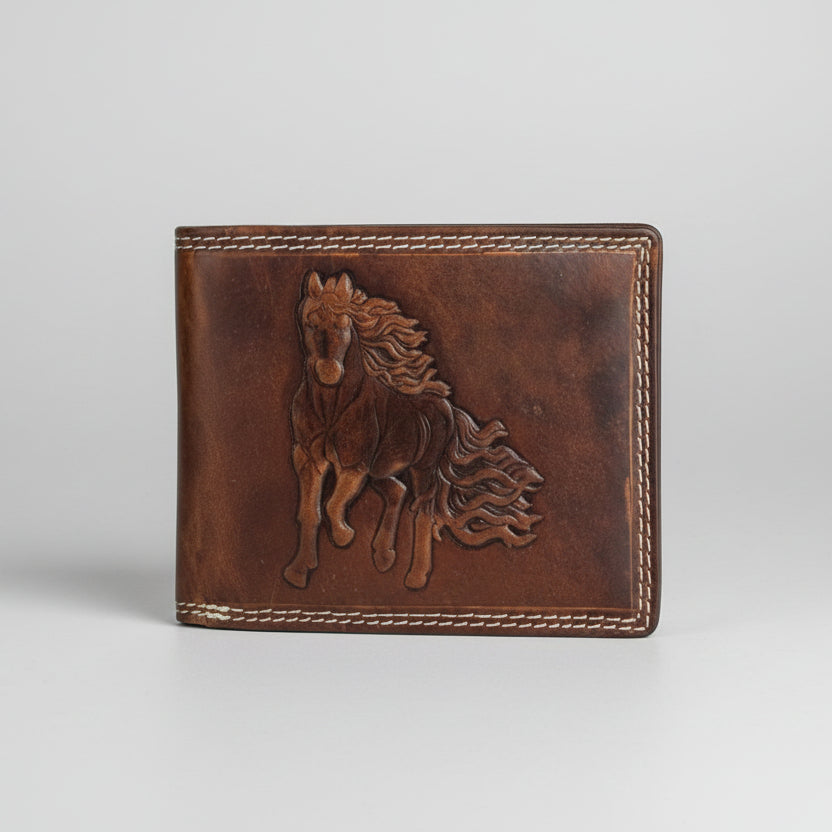 Men’s Genuine Cow Leather Bifold Wallet. Embossed Horse Design with RFID Protection-1
