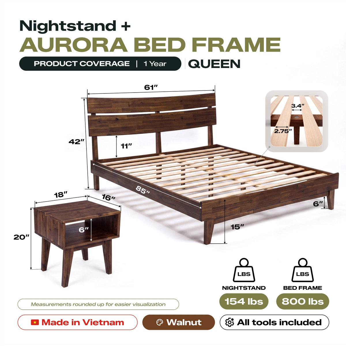[Compre 1 y Reciba 1] Estructura de cama y mesita de noche de madera maciza Aurora-9