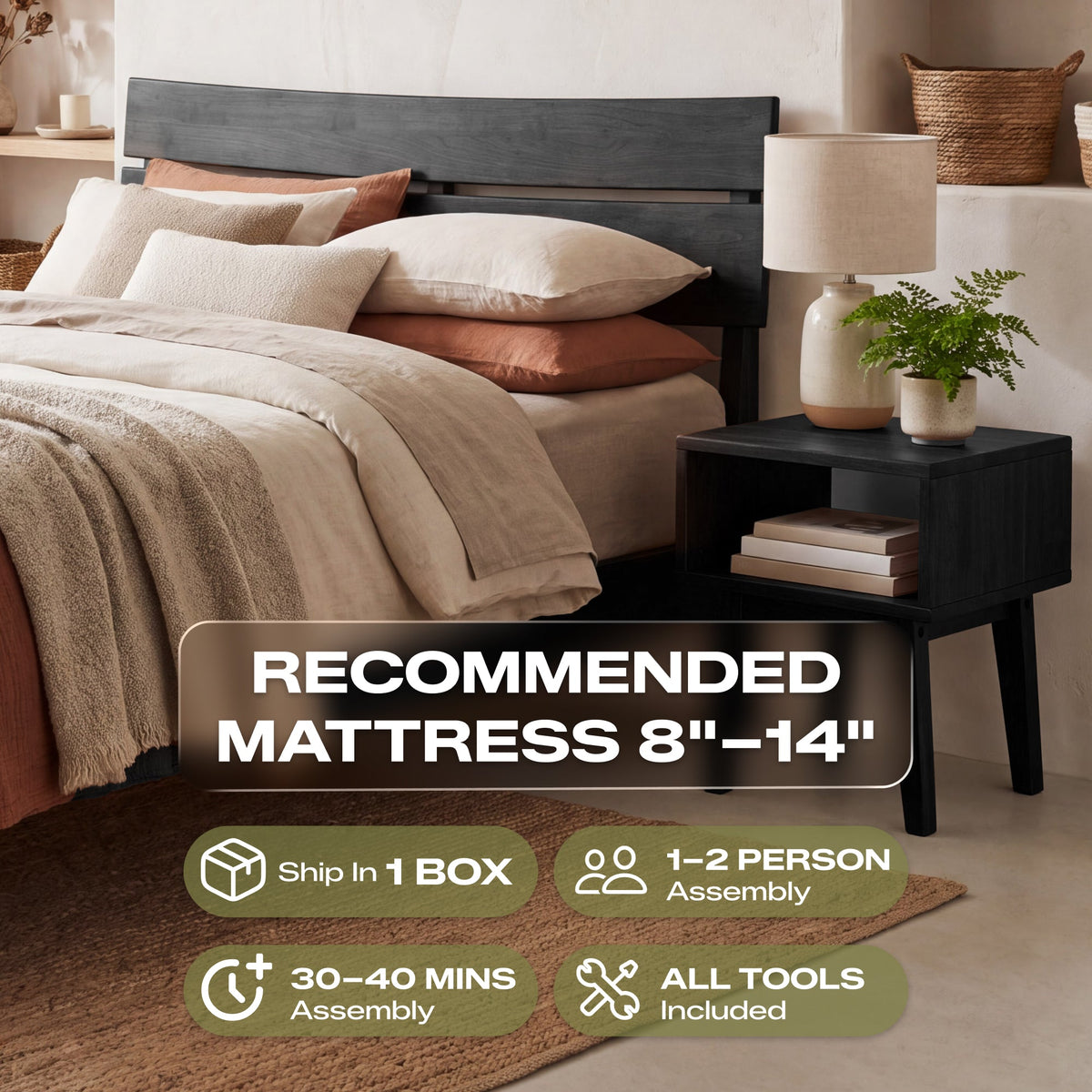 [Compre 1 y Reciba 1] Estructura de cama y mesita de noche de madera maciza Aurora-16