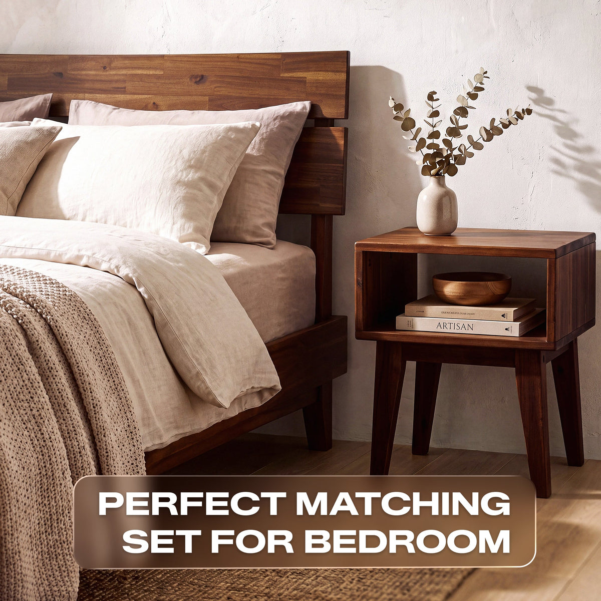 [Compre 1 y Reciba 1] Estructura de cama y mesita de noche de madera maciza Aurora-4