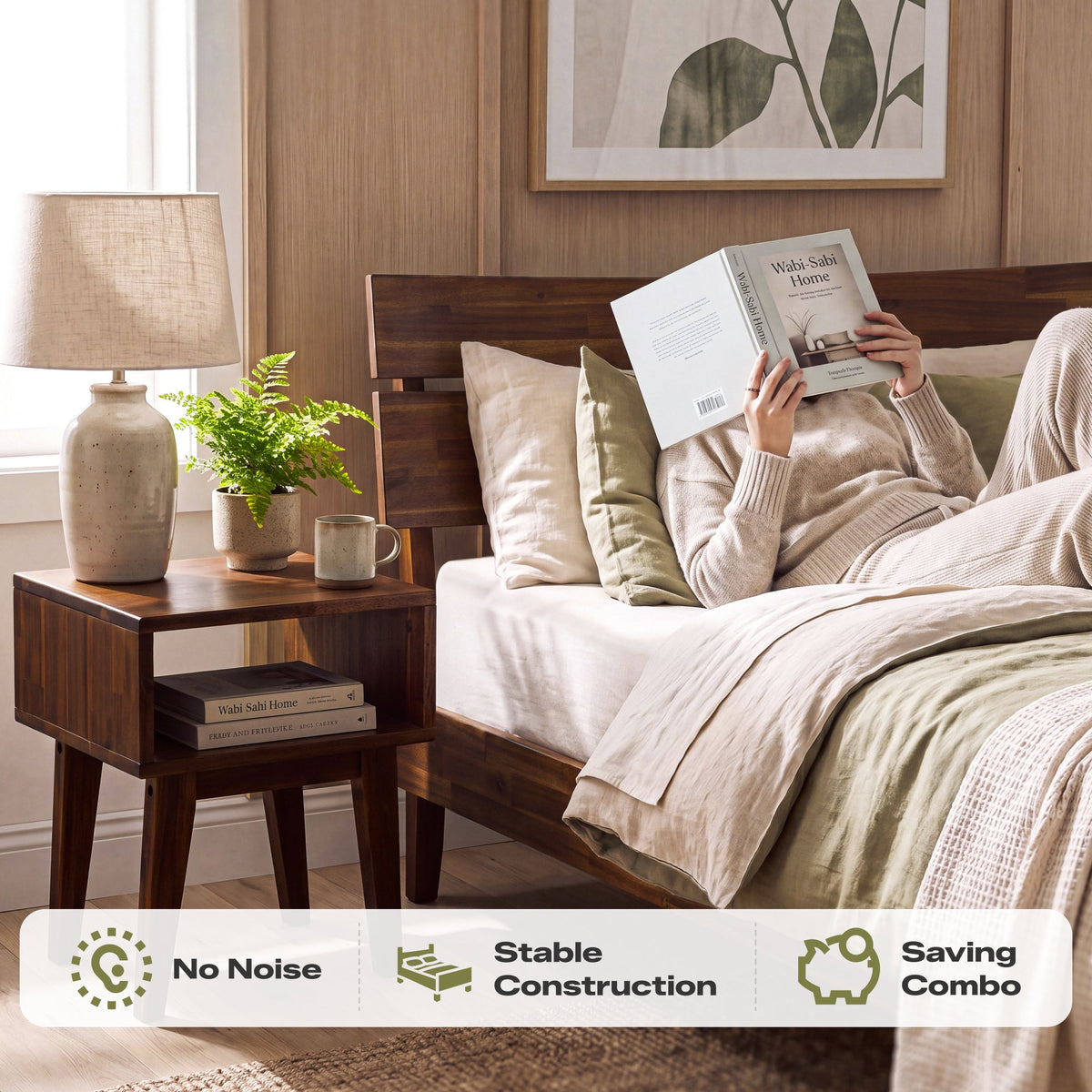 [Compre 1 y Reciba 1] Estructura de cama y mesita de noche de madera maciza Aurora-5