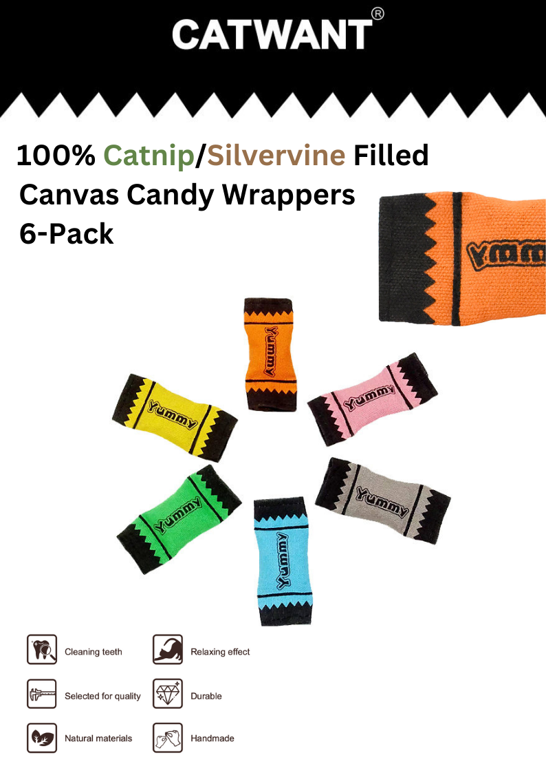100% Catnip/Silvervine Filled Canvas Candy Wrappers, 6Pcs-1