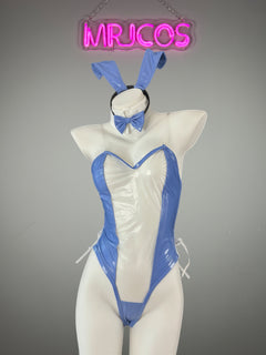 Bunny Girl PU Leather See Through Cosplay Bodysuit Costume Lingerie with Stockings-2