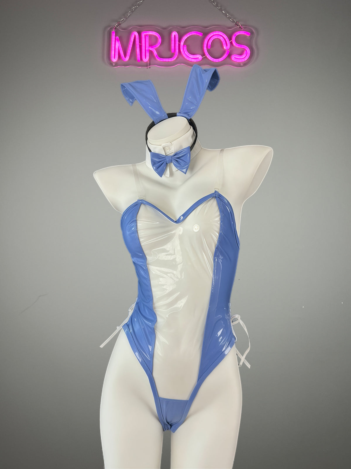 Bunny Girl PU Leather See Through Cosplay Bodysuit Costume Lingerie with Stockings-2