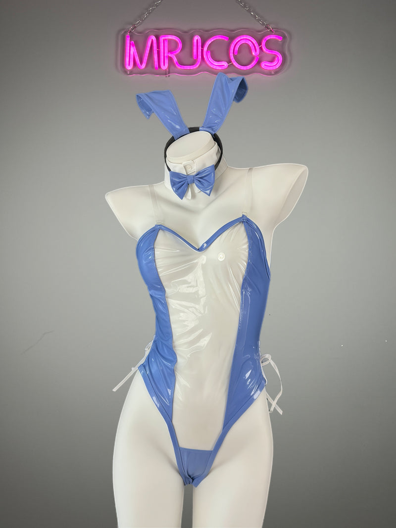 Bunny Girl PU Leather See Through Cosplay Bodysuit Costume Lingerie with Stockings-2