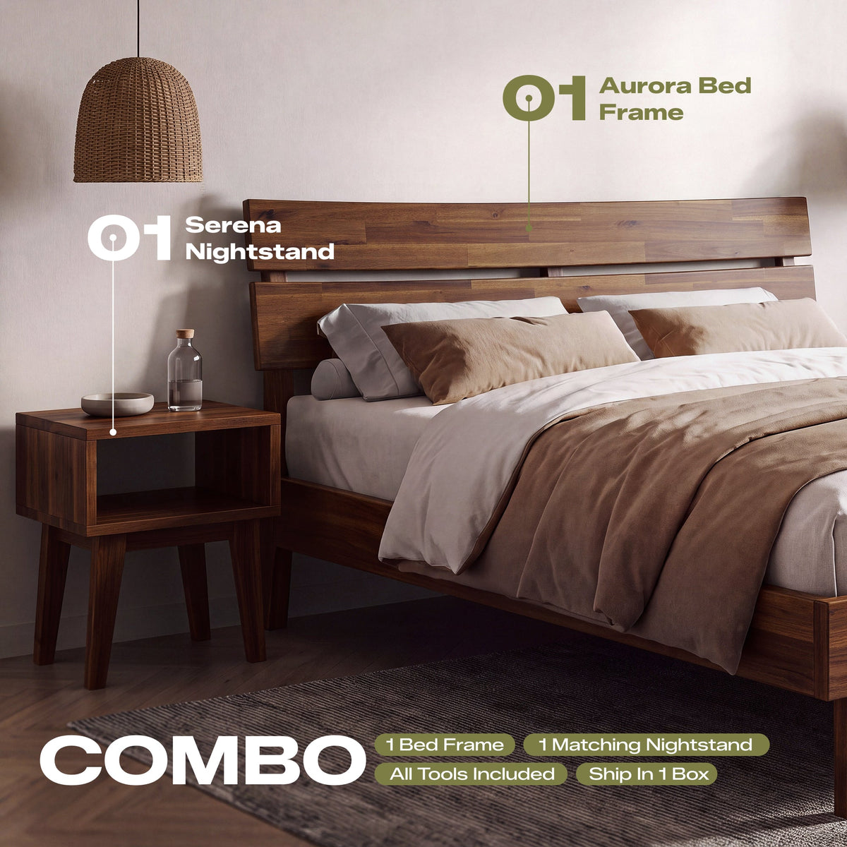 [Compre 1 y Reciba 1] Estructura de cama y mesita de noche de madera maciza Aurora-3