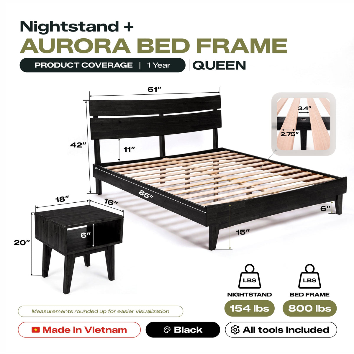 [Compre 1 y Reciba 1] Estructura de cama y mesita de noche de madera maciza Aurora-19