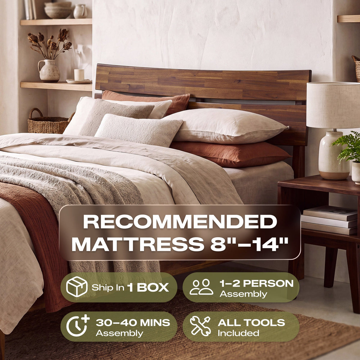 [Compre 1 y Reciba 1] Estructura de cama y mesita de noche de madera maciza Aurora-6