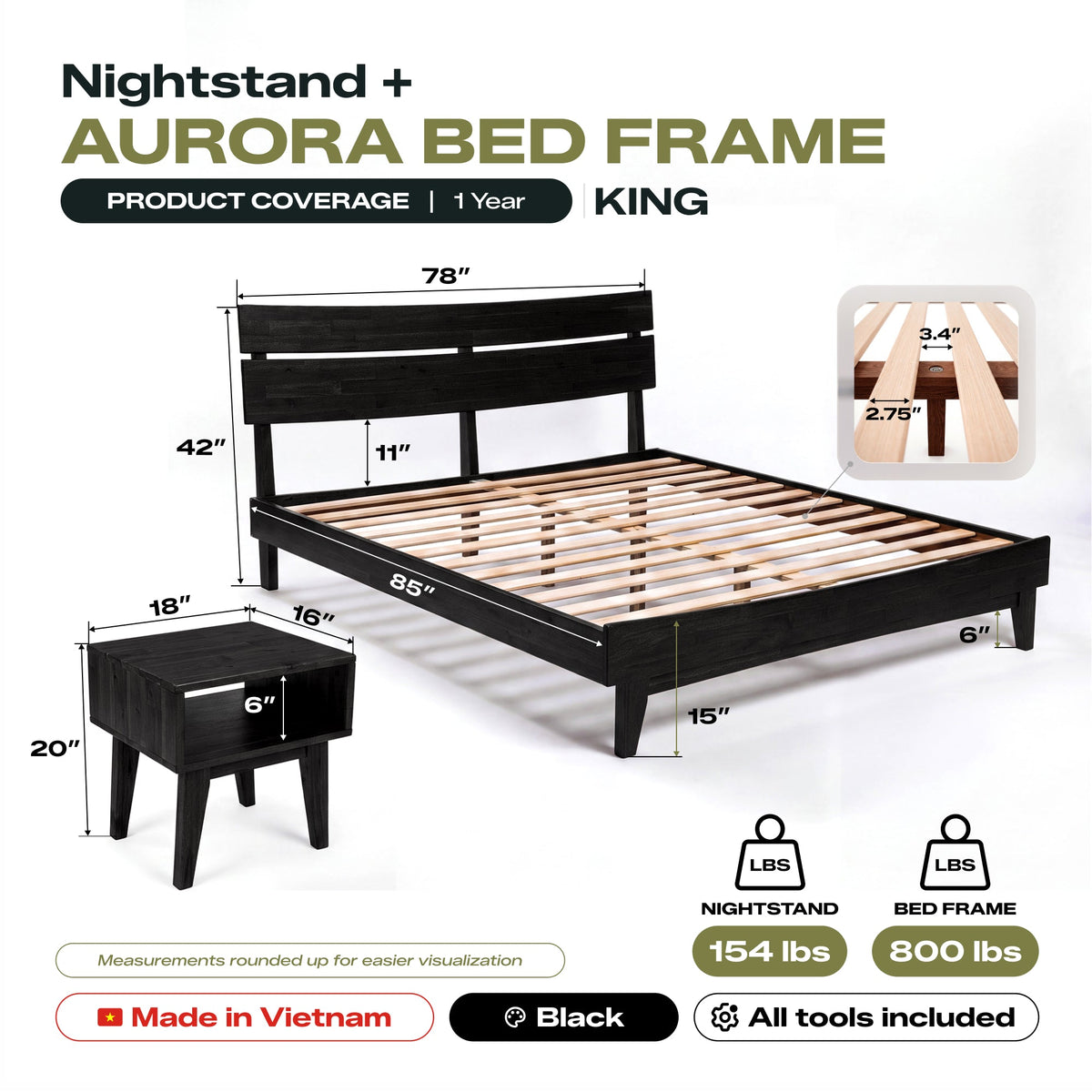 [Compre 1 y Reciba 1] Estructura de cama y mesita de noche de madera maciza Aurora-18